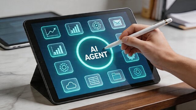 Business man using digital tablet with artificial intelligence app on screen for smart technology data analysis automation process and machine learning application software