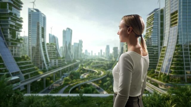 Futuristic Cityscape Viewpoint. Matron Overseeing Ecofriendly City With Gardens And Transit Networks