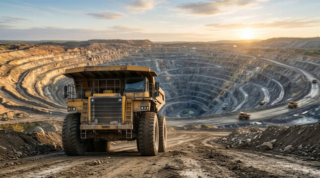 Large mining truck on dirt road in open pit mine at sunset  