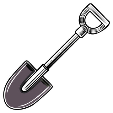 Illustration of a classic garden shovel with a metal blade and wooden handle