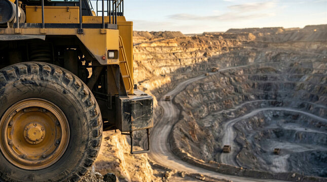 Heavy mining truck overlooking open-pit mine in golden sunlight, with space for text   