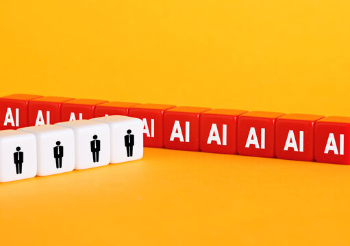 Artificial intelligence is replacing human workers: concept with dice on orange background