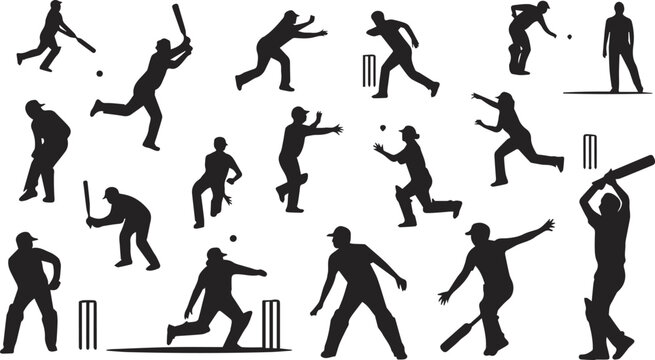 Cricket fielding silhouettes catching and ground stops collection