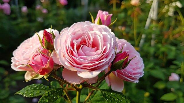 soft focus pink cabbage rose bouquet in lush garden sunlight