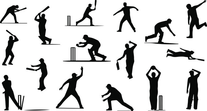 Cricket bowler silhouettes showing bowling deliveries and motion
