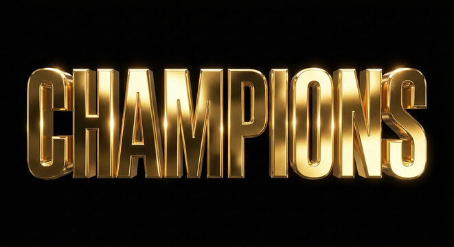 3D Golden Champions Text with Shiny Metallic Texture Isolated on Black Background - Victory, Success and Achievement Concept Illustration