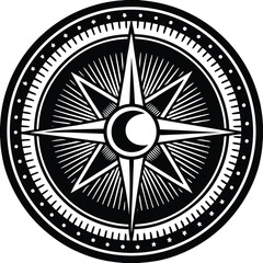 Vintage black and white compass with crescent moon © SHARIFUL