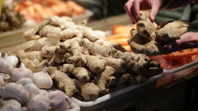 Seller hands lay out a close up of a ginger against the background of a display case with vegetables. Female hands holding ginger root in grocery store. High quality 4k footage