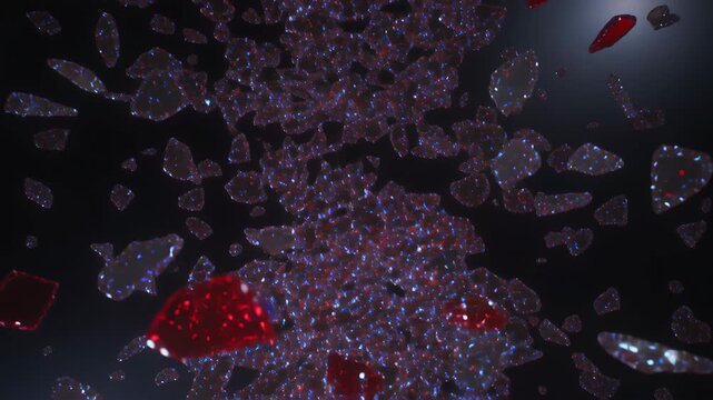 Glass fragments shattering, creating a digital debris cloud spreading apart on a dark space.