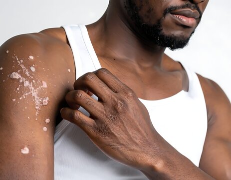 African American man with vitiligo patches.