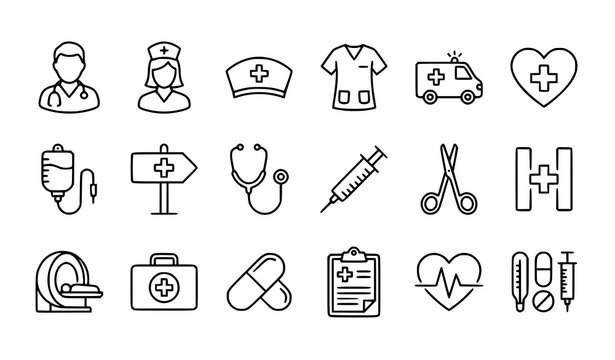 Doctor medical outline icon set nurse ambulance hospital vector editable stroke