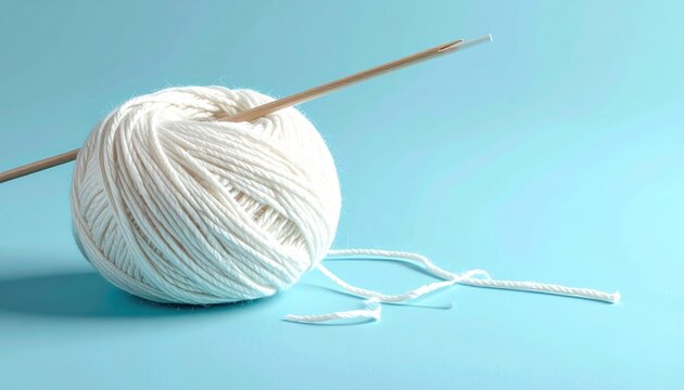 White yarn ball with wooden knitting needle and loose thread on a bright blue background