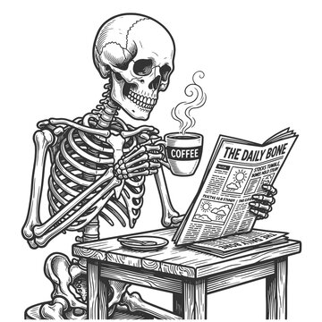skeleton sitting at a table drinking coffee while reading a newspaper called The Daily Bone sketch engraving generative ai raster illustration. Scratch board imitation. Black and white image.