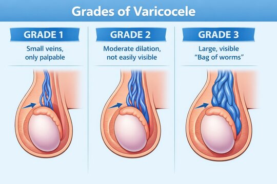 Varicocele medical infographic illustrates three grades with progressive pampiniform plexus dilation from palpable small veins to large visible bag worms bulging in scrotum