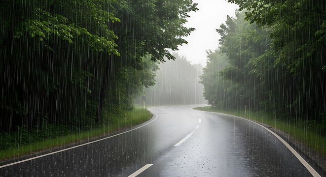 rainy road through forest, wet asphalt highway on rainy day