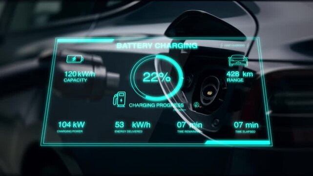 Futuristic EV Display. Hightech Holographic Projection Shows Vehicle Battery And Charging Details