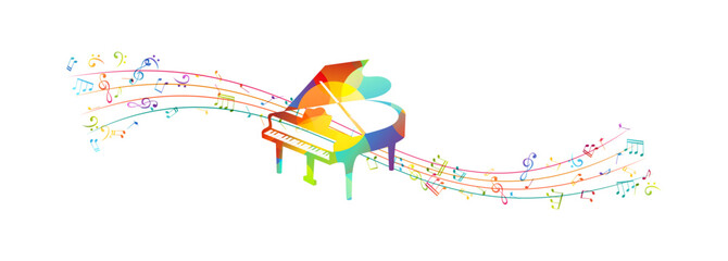Piano with flying music notes. Classical music instrument with design elements. Colorful music decoration. © KsanaGraphica