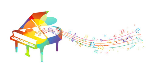 Piano with flying music notes. Classical music instrument with design elements. Colorful music decoration. © KsanaGraphica