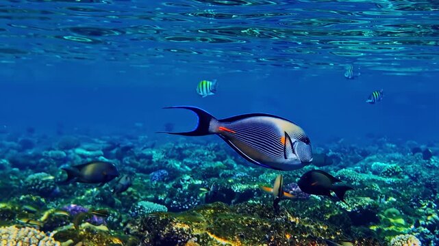 A striking sohal surgeonfish with orange stripe glides near the water surface above a shallow coral reef. Indonesia, Bali
