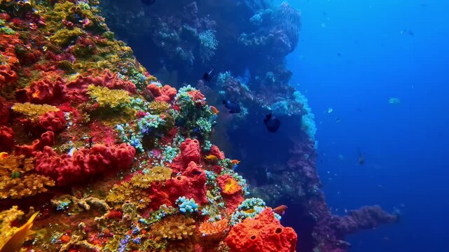 A spectacular coral wall blazing with colorful soft corals, blue encrusting sponges, and yellow soft coral patches, with a lone yellow butterflyfish swimming against the deep blue open water.Indonesia