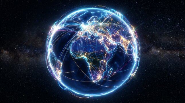 Global Flight Path Network Connecting Earth Cities at Night from Space