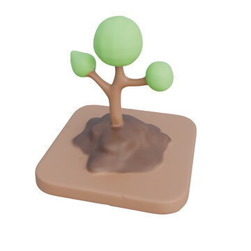 A 3D rendered cartoon-style sapling features a light brown trunk and three rounded green leaves. It is planted in a brown soil mound atop a square base, serving as an illustrative icon for environment