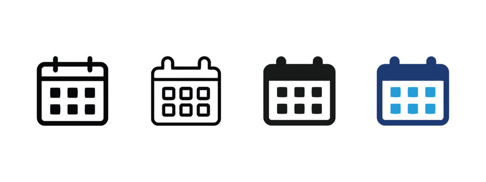 Four different styles of calendar icons in outline, solid, and colored versions.