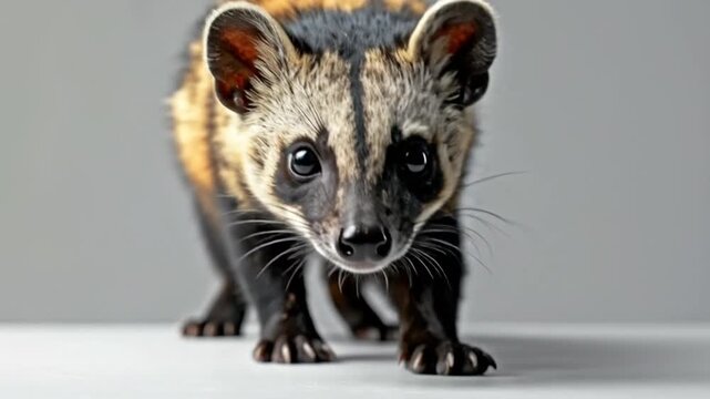 A curious mammal with patterned fur looking directly at the camera lens