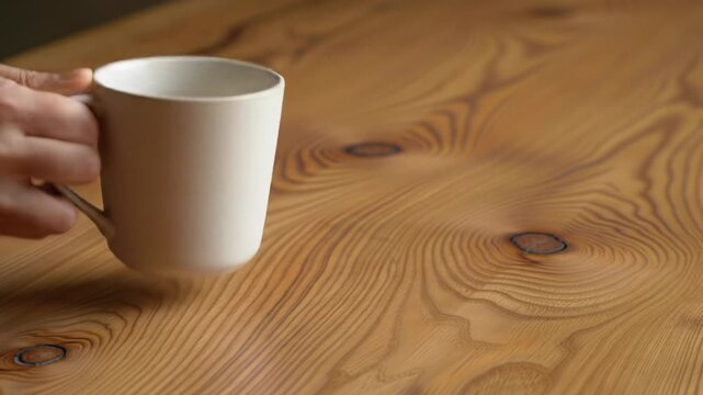Smooth dolly video, pristine medium-brown wood, intricate grain, elegant bokeh. Hand places minimalist ceramic mug under soft golden hour light. Concept of serene quality