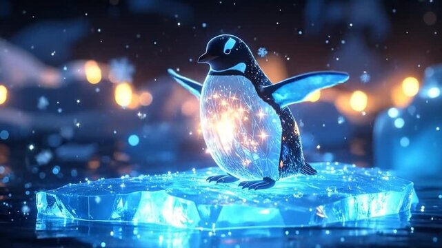 A glowing penguin stands on a small iceberg in a magical, winter scene