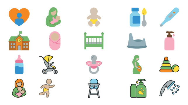 Baby care icons collection featuring essential items for parenting and kids.