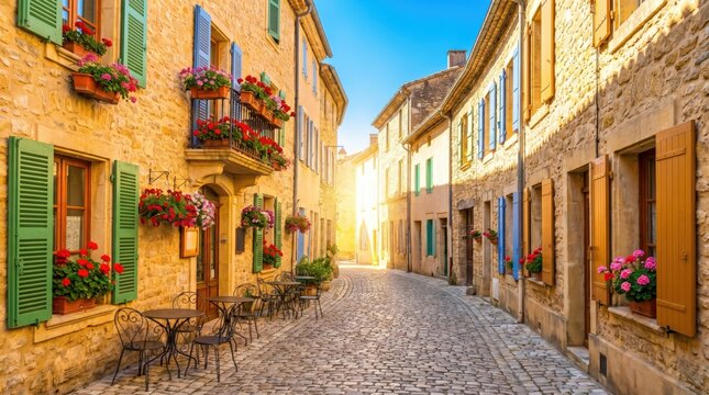 Charming Italian Village Street with Historic Buildings and Golden Sunlight.