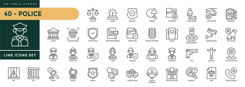 A collection of Police icons set with editable stroke, including criminal, prison, traffic control, uniform, legal, police station, law enforcement, siren, detective. Thin linear vector illustration.