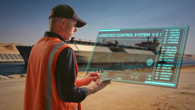 Port Engineer Overseeing Tanker Operations. Monitoring Oil Tanker With Holographic Control Interface