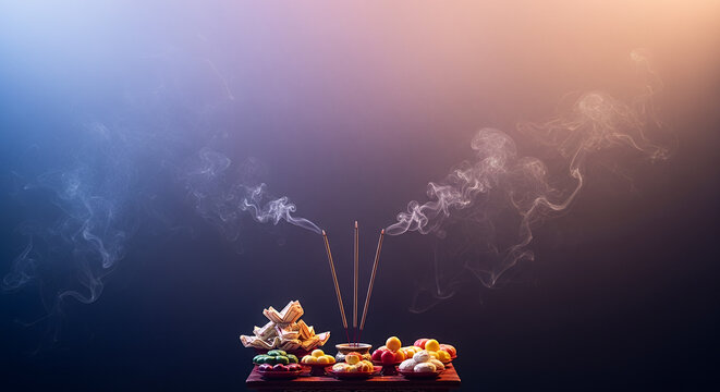 Hungry Ghost Festival soft gradient background with ethereal incense smoke and ritual offerings table featuring traditional food and joss paper.