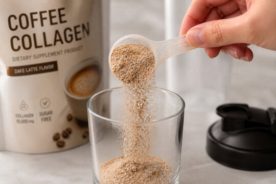 Close-Up Pouring Protein Powder Scoop into Container
