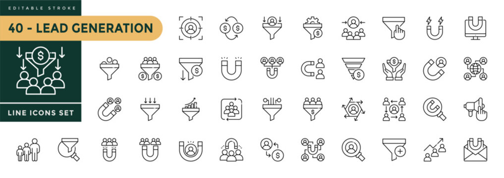 A collection of Lead generation icons set with editable stroke. Thin linear vector illustration.