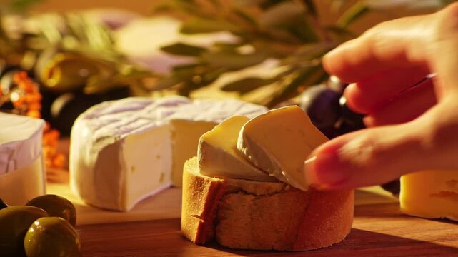 Hand reaches for a slice of bread topped with creamy camembert cheese surrounded by grapes and olives on a wooden board