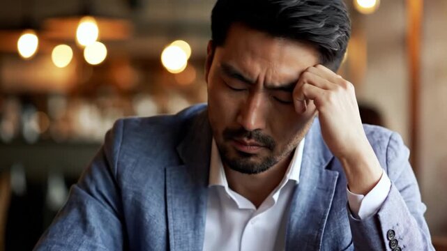 Man in blue suit jacket rubbing temples in frustration or stress