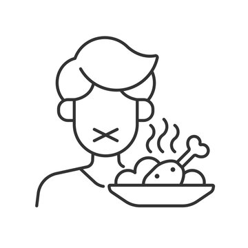 Loss of appetite linear icon. Restriction in food. Symptom of heatstroke. Man refuses meal. Thin line customizable illustration. Contour symbol. Vector isolated outline drawing. Editable stroke