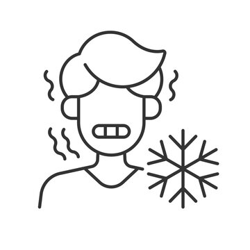 Chills linear icon. Man shiver from cold. Person in cool weather. Human freeze in low temperature. Thin line customizable illustration. Contour symbol. Vector isolated outline drawing. Editable stroke