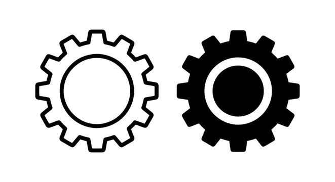 Two Gear Icons, Mechanical Cogwheel Symbols, Engineering and Industry Concepts, Black and White Vector Graphics
