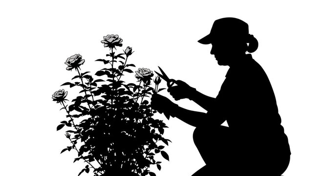 Woman pruning rose bush with shears.