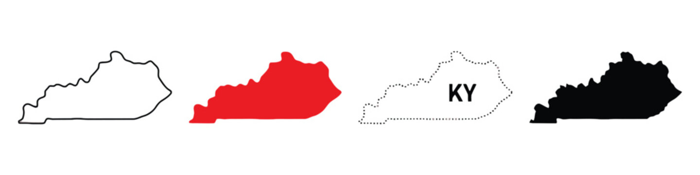 Kentucky state outline map in four styles single color dotted outline filled black and red.