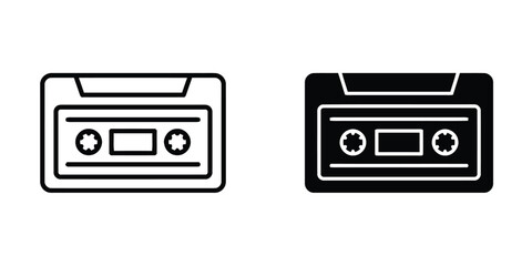 Fototapeta premium Outline and black cassette tape icons on white background.