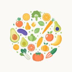 Obraz premium Vibrant and diverse collection of fresh fruits and vegetables arranged in a circular composition, symbolizing healthy eating and natural nutrition