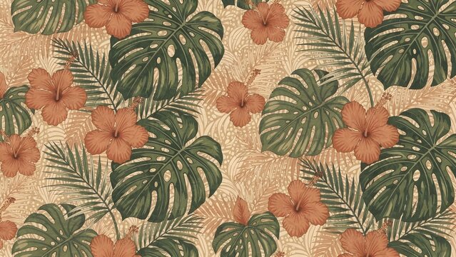 Seamless tropical batik pattern featuring monstera leaves and hibiscus flowers in a warm vintage color palette. Elegant hand-drawn botanical illustration with Indonesian-inspired design, perfect.