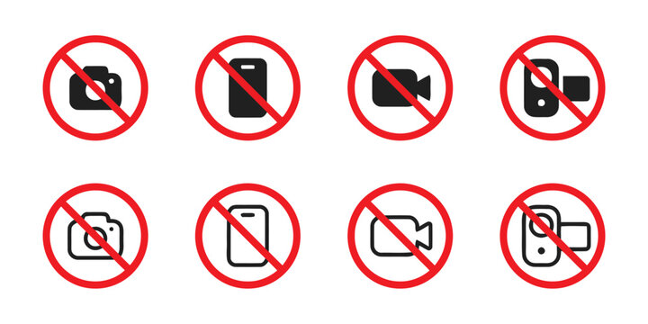 No camera and no phone signs with forbidden symbols in red circles, prohibition icons.