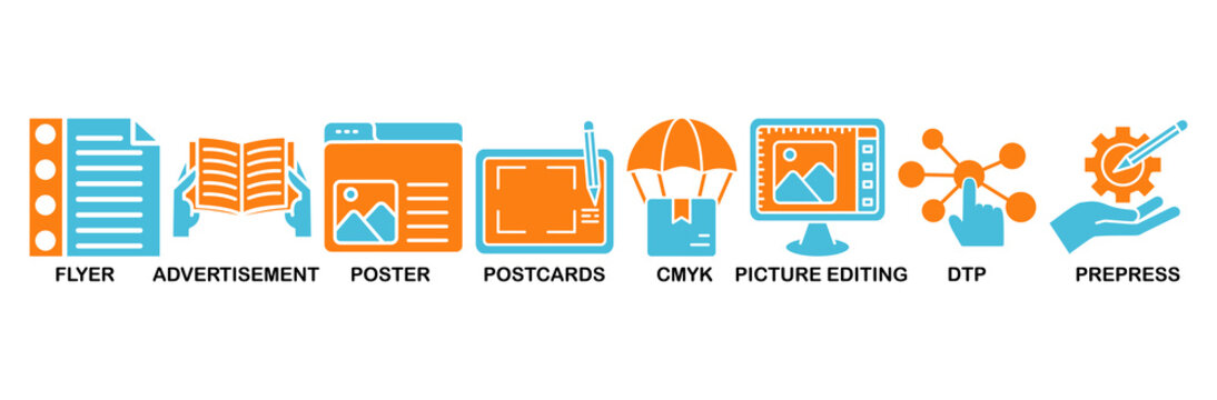 Print icon set Aqua Orange Flat concept for flyer, advertisement, brochure, poster, postcards, cmyk, picture editing, dtp, and prepress