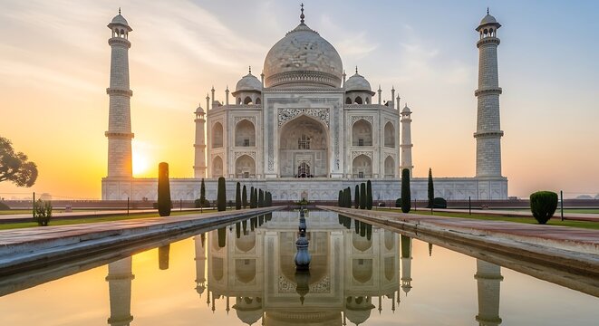 Majestic Taj Mahal mausoleum at sunrise with water reflection in India